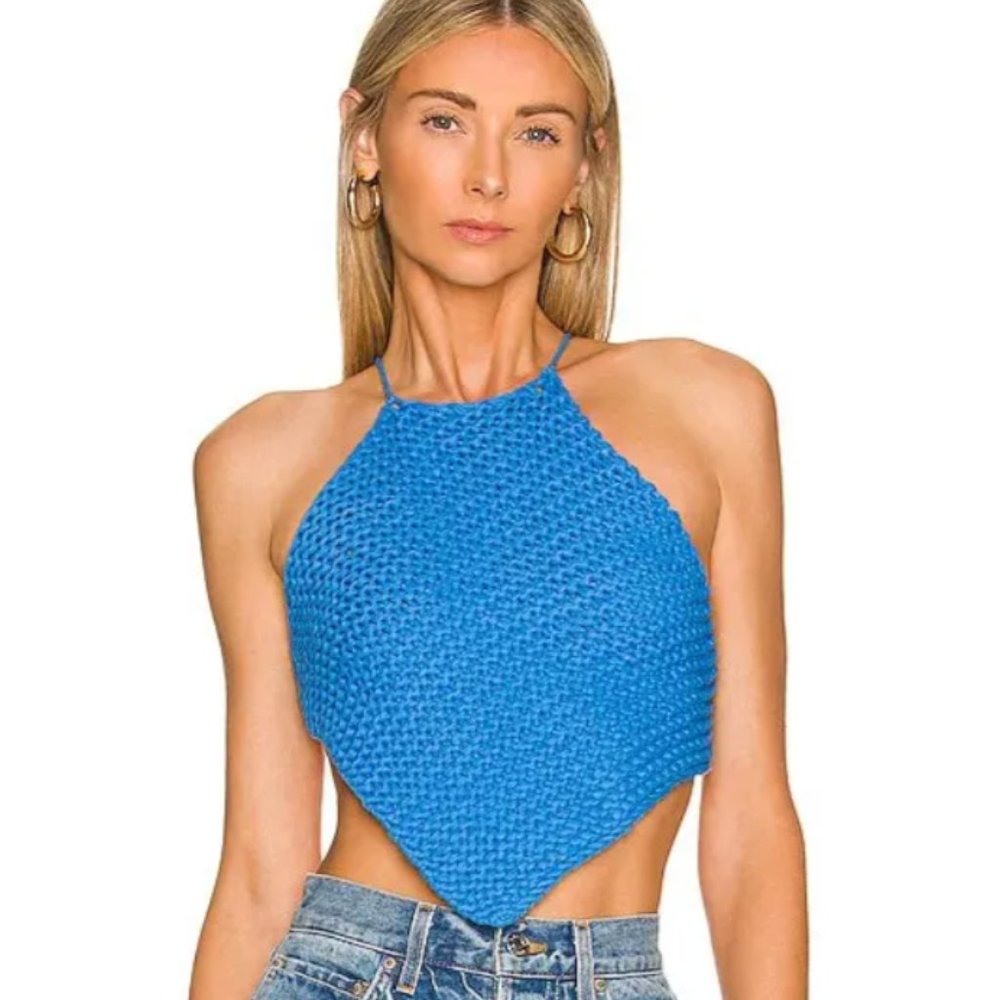 Bardot Knitted Halter Top In Blue